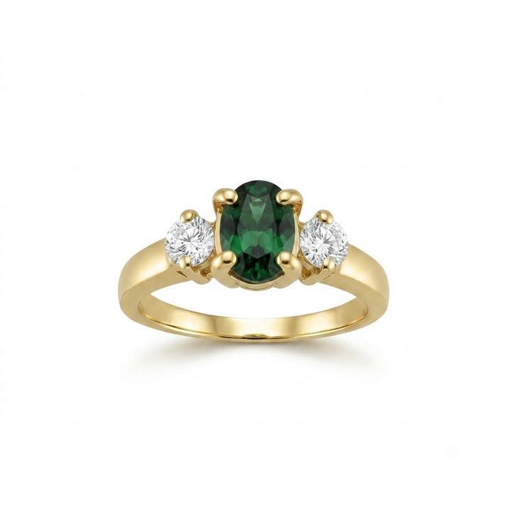 18K Yellow Gold Emerald and Diamond Three-Stone Ring ~ 1 Ct