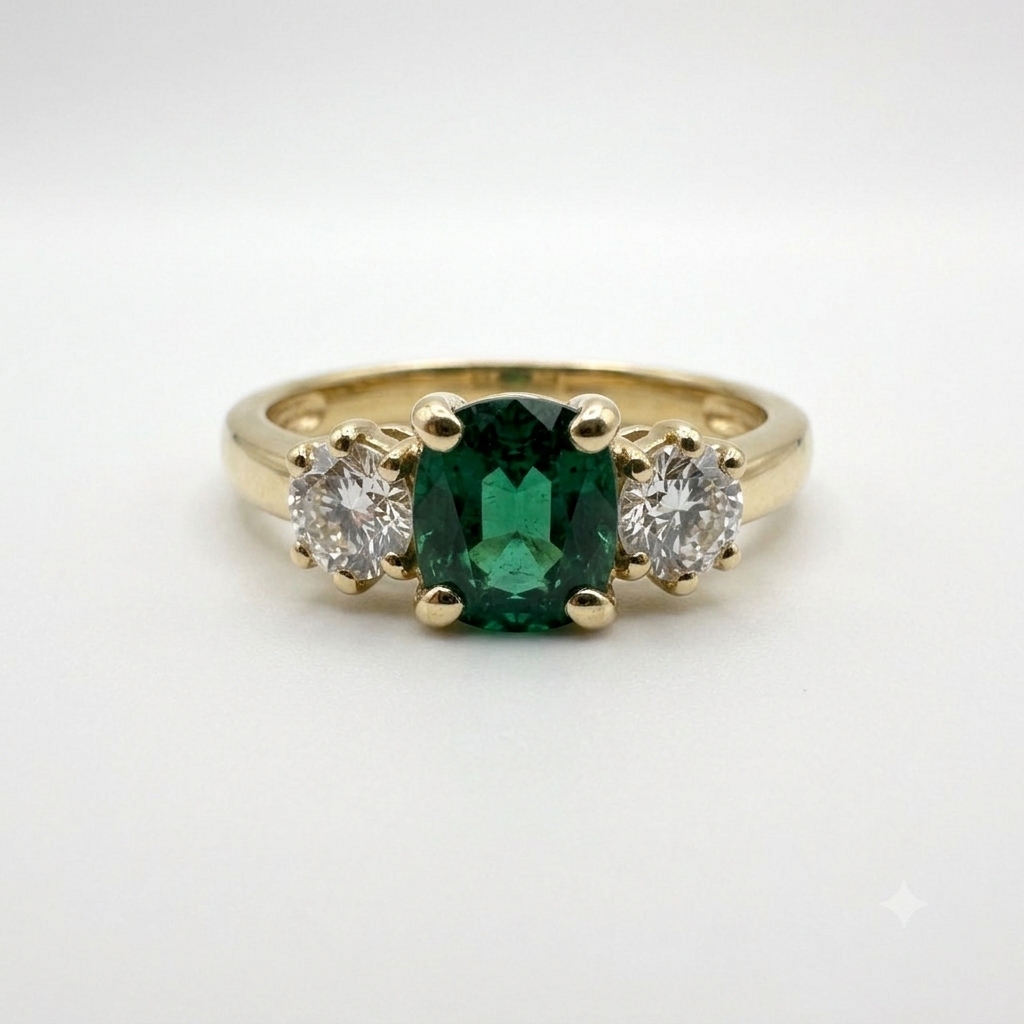 18K Yellow Gold Emerald and Diamond Three-Stone Ring ~ 1 Ct