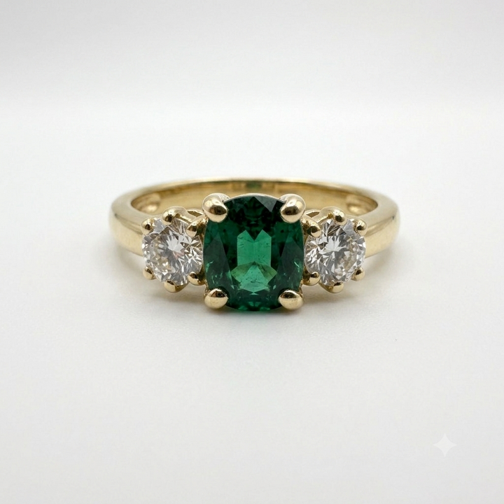 18K Yellow Gold Emerald and Diamond Three-Stone Ring ~ 1 Ct