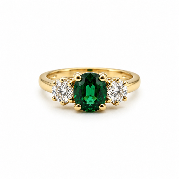 18K Yellow Gold Emerald and Diamond Three-Stone Ring ~ 1 Ct
