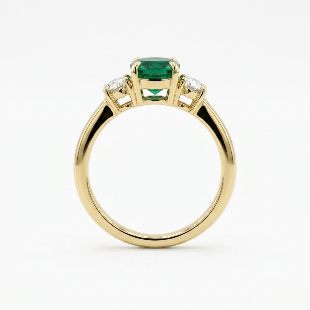 18K Yellow Gold Emerald and Diamond Three-Stone Ring ~ 1 Ct