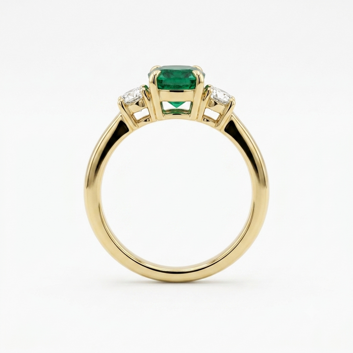 18K Yellow Gold Emerald and Diamond Three-Stone Ring ~ 1 Ct
