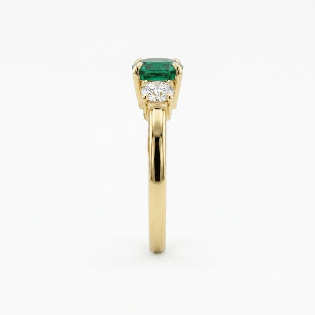 18K Yellow Gold Emerald and Diamond Three-Stone Ring ~ 1 Ct