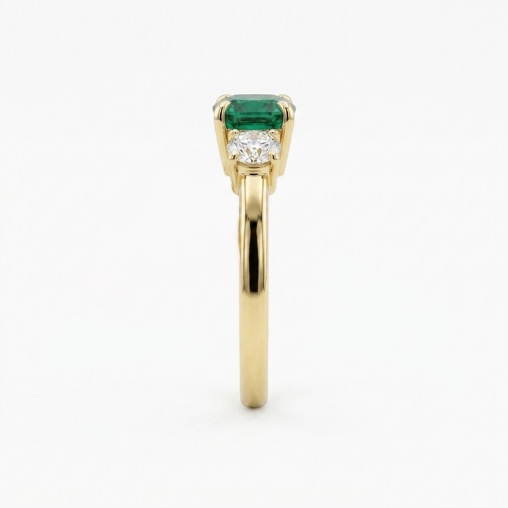 18K Yellow Gold Emerald and Diamond Three-Stone Ring ~ 1 Ct