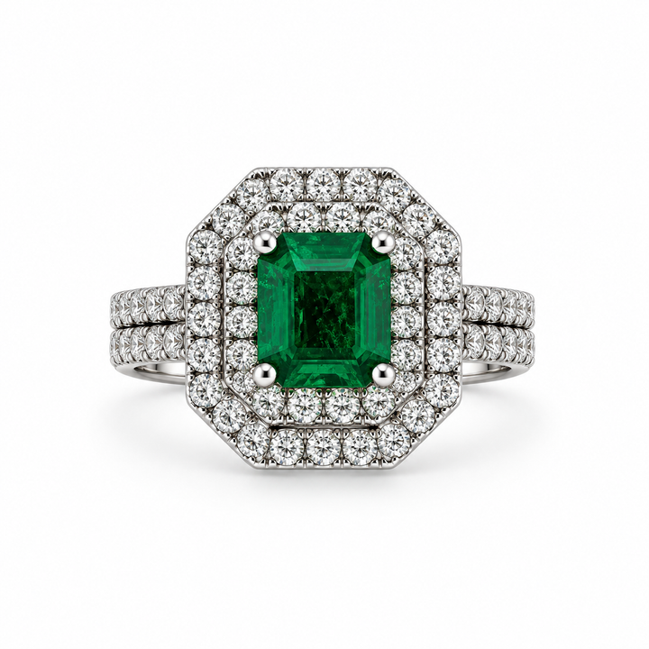 18K White Gold Emerald Double Diamond Halo Ring ~ 3 Ct
