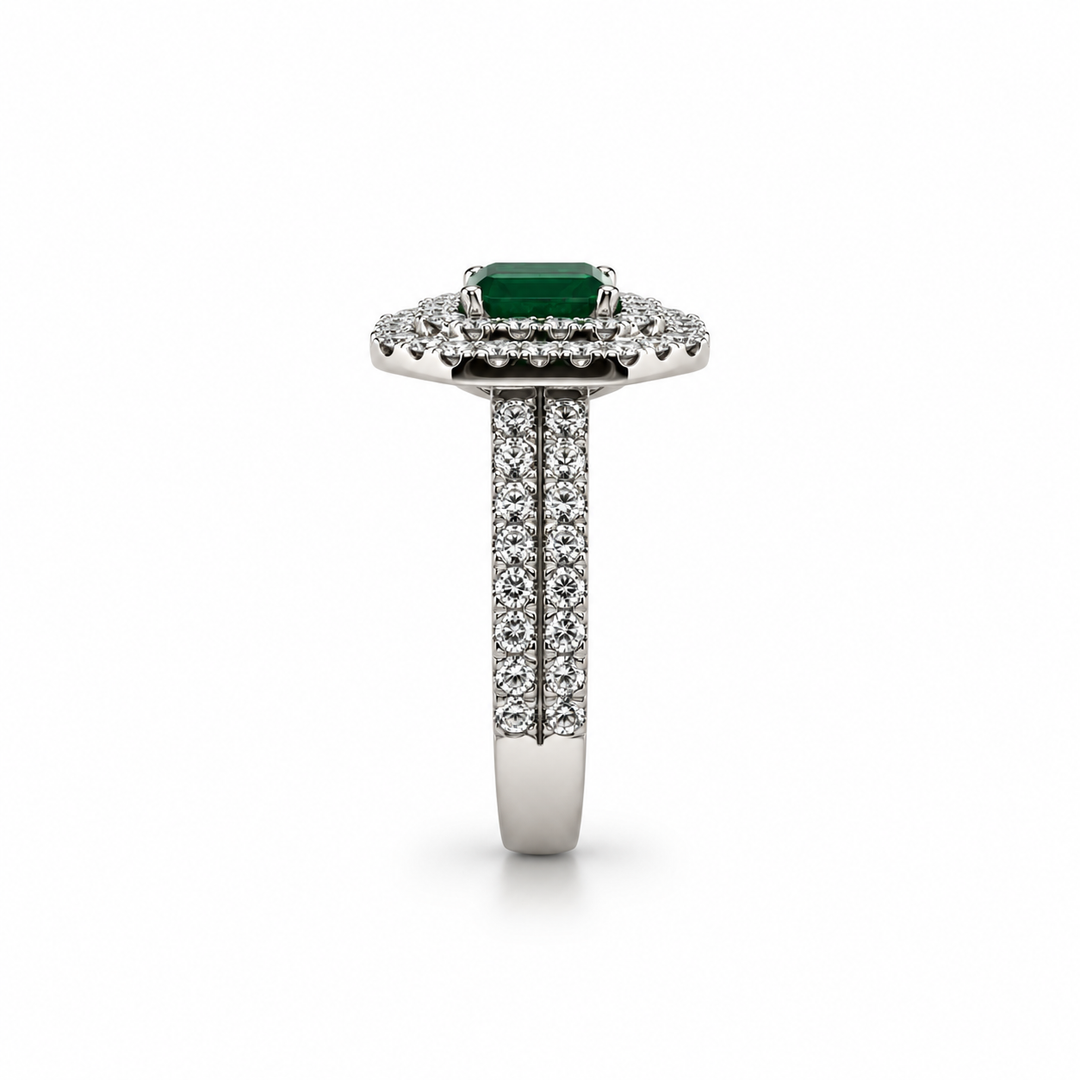 18K White Gold Emerald Double Diamond Halo Ring ~ 3 Ct