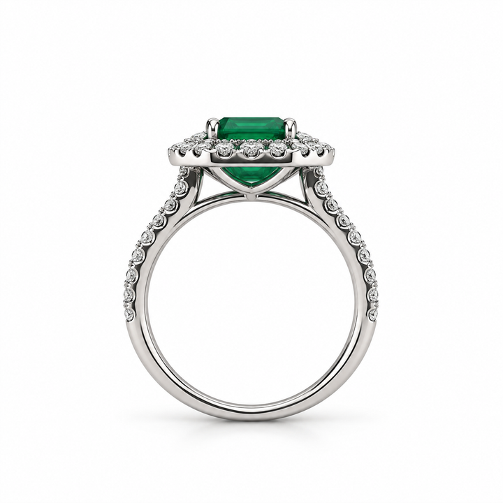 18K White Gold Emerald Double Diamond Halo Ring ~ 3 Ct