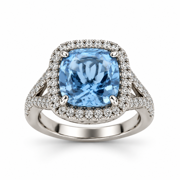 14K White Gold Blue Topaz & Diamond Right Hand Ring ~ 5 Ct