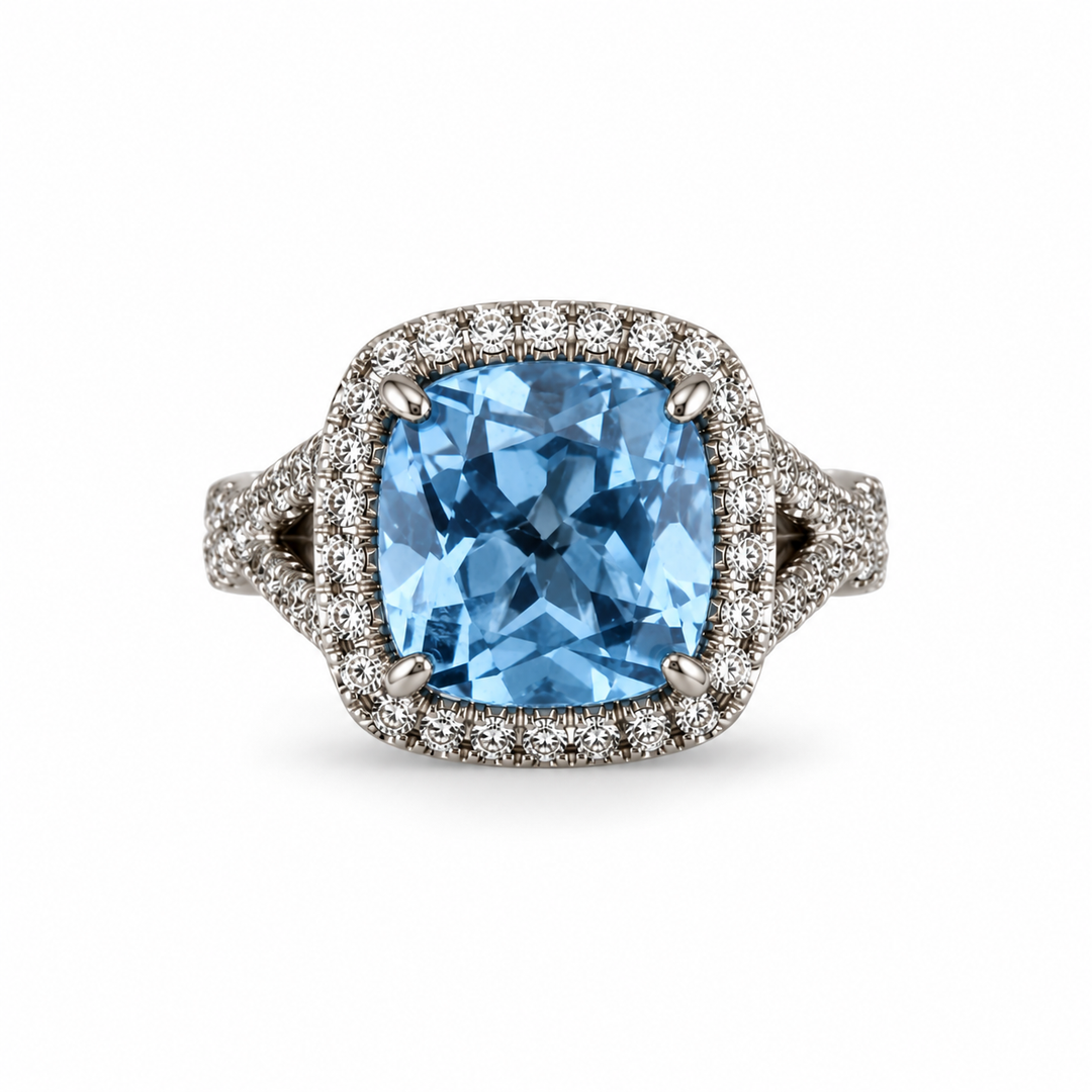 14K White Gold Blue Topaz & Diamond Right Hand Ring ~ 5 Ct