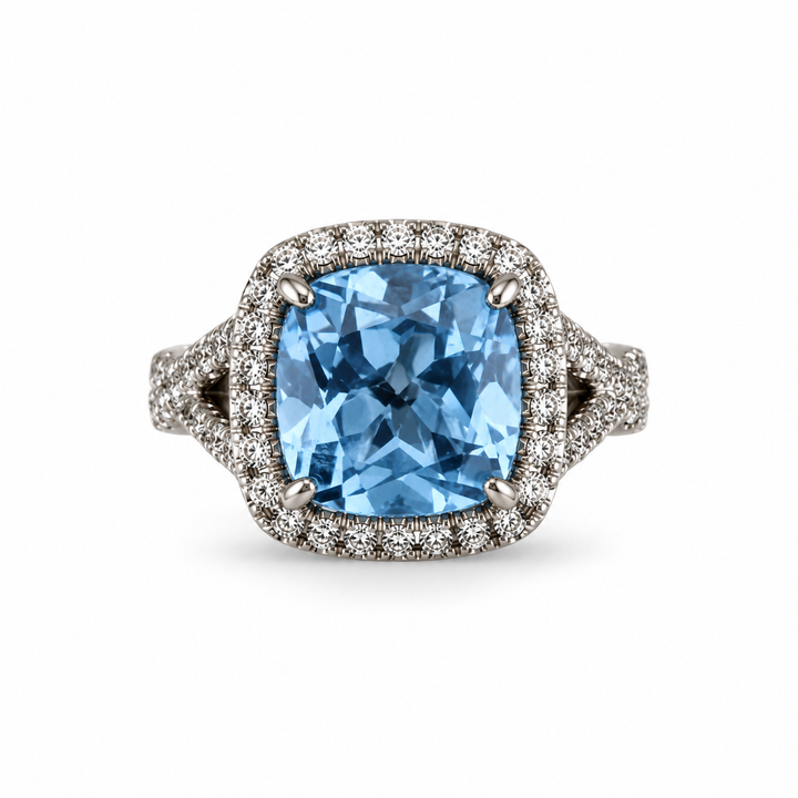 14K White Gold Blue Topaz & Diamond Right Hand Ring ~ 5 Ct
