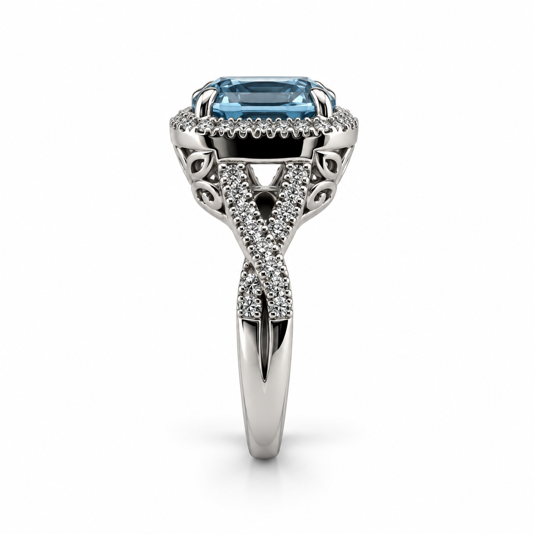 14K White Gold Blue Topaz & Diamond Right Hand Ring ~ 5 Ct