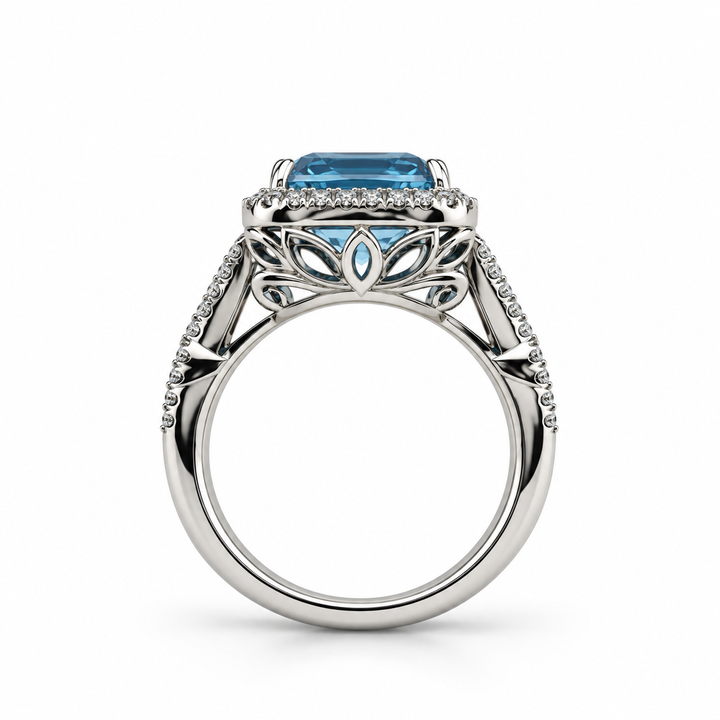 14K White Gold Blue Topaz & Diamond Right Hand Ring ~ 5 Ct