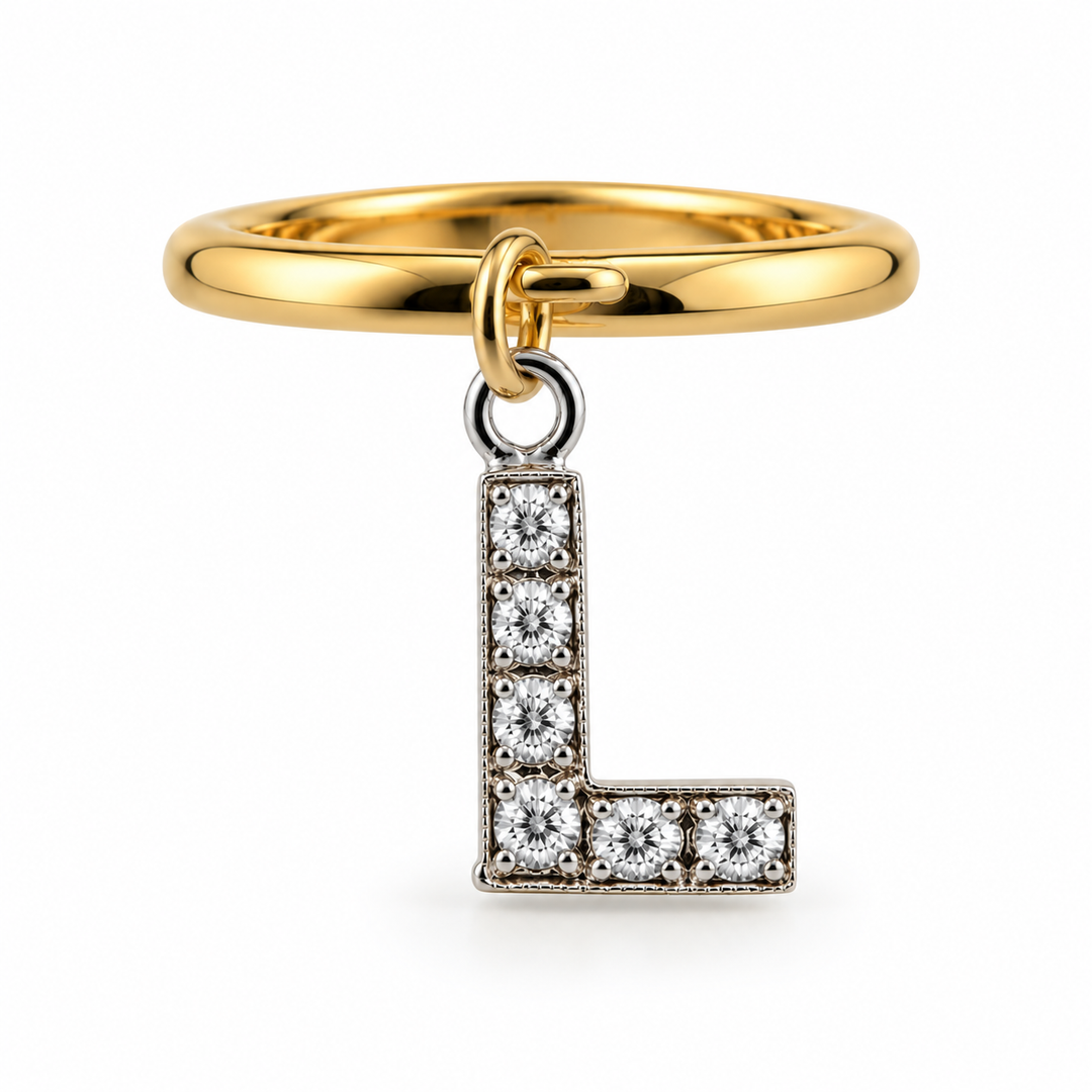 14K Two-Tone Gold Diamond Initial Charm Pinky Ring ~ 1/5 Ct