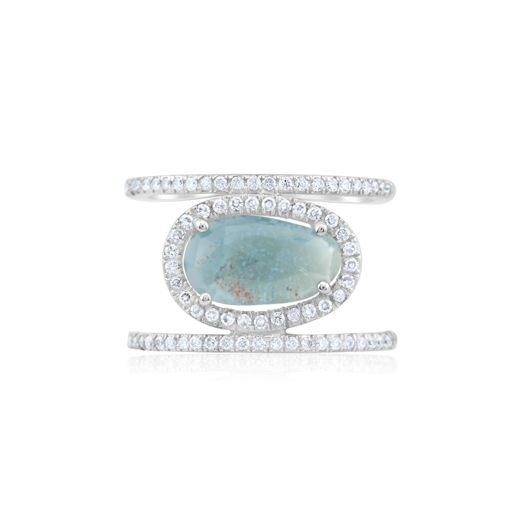 14K White Gold Diamond Halo Aquamarine Cocktail Ring ~ 3 Ct