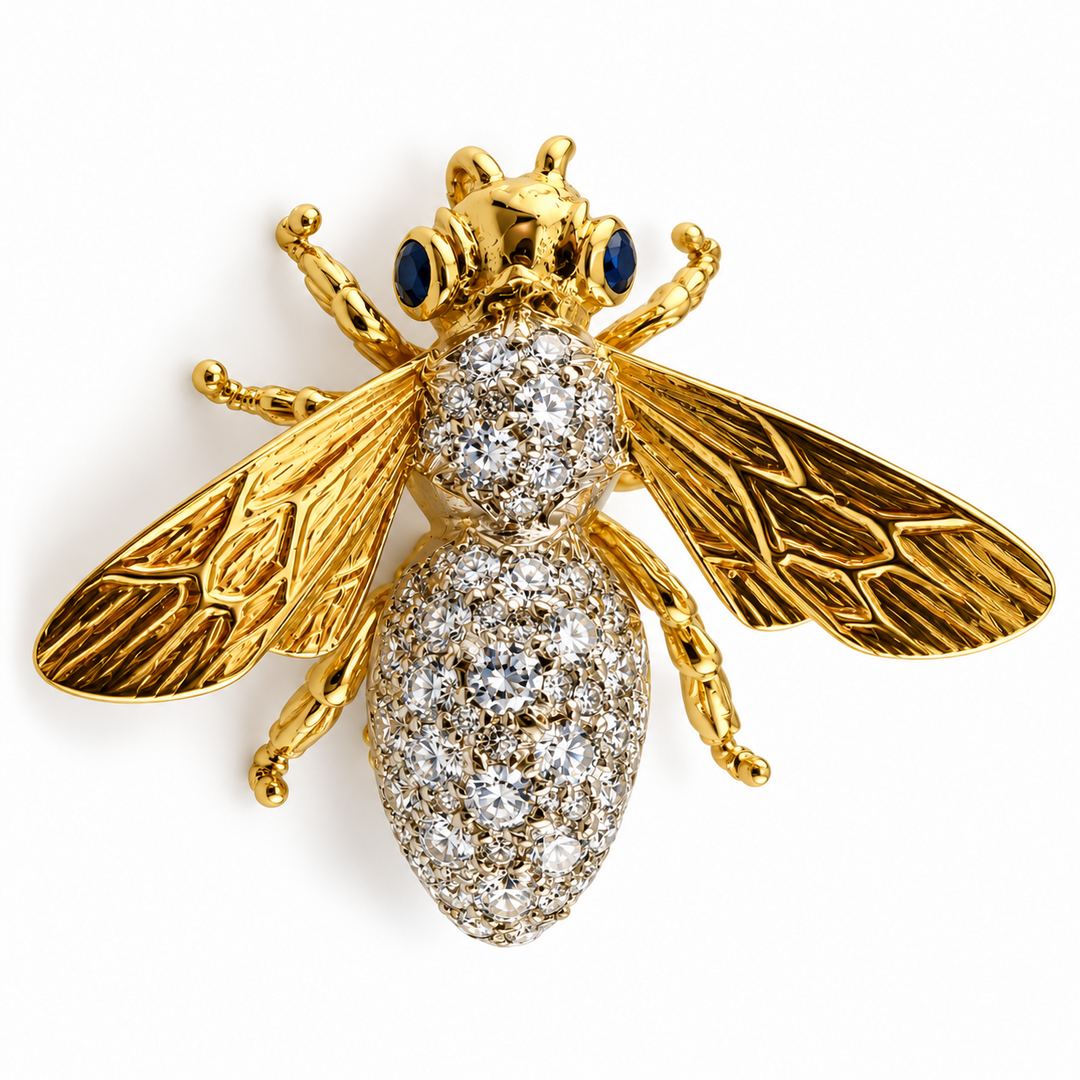 18K Two-Tone Gold Diamond & Sapphire Bee Brooch ~ ½ Ct