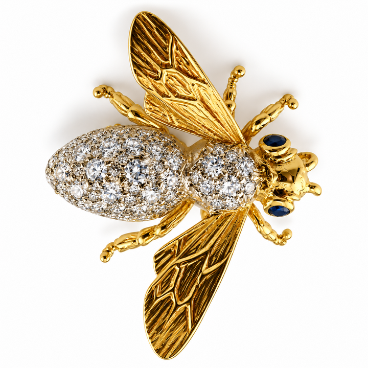 18K Two-Tone Gold Diamond & Sapphire Bee Brooch ~ ½ Ct