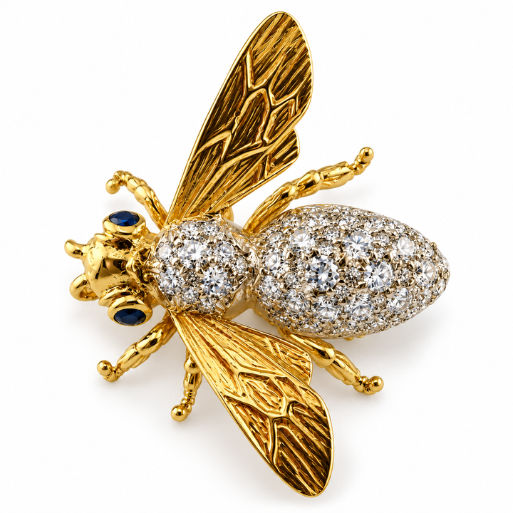 18K Two-Tone Gold Diamond & Sapphire Bee Brooch ~ ½ Ct