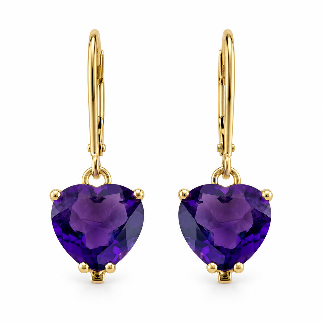 14K Yellow Gold Amethyst Heart-Shaped Drop Earrings ~ 2 ½ Ct