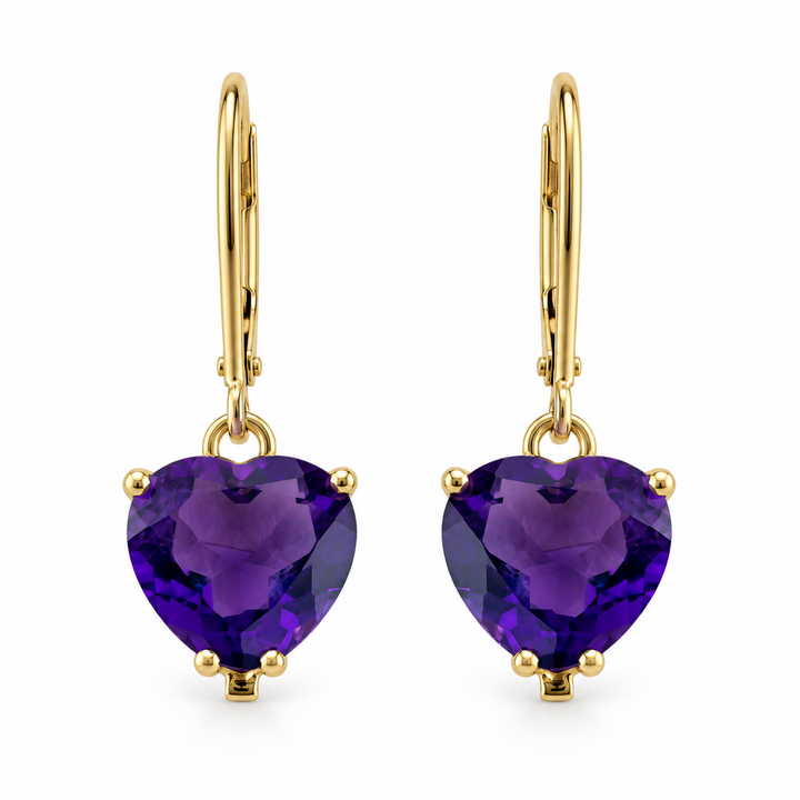 14K Yellow Gold Amethyst Heart-Shaped Drop Earrings ~ 2 ½ Ct