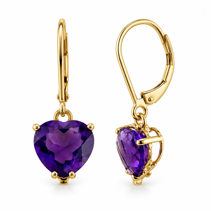 14K Yellow Gold Amethyst Heart-Shaped Drop Earrings ~ 2 ½ Ct