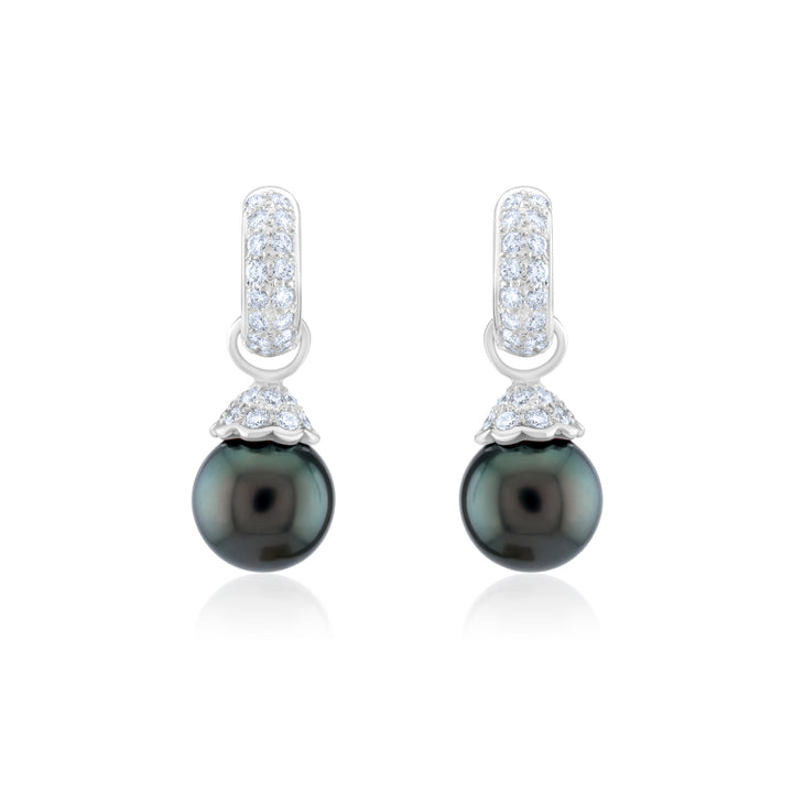 14K White Gold Diamond & Black Pearl Drop Earrings ~ 1 Ct