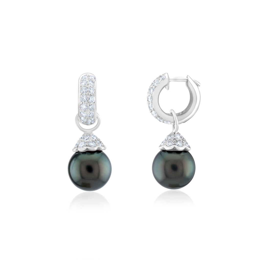 14K White Gold Diamond & Black Pearl Drop Earrings ~ 1 Ct