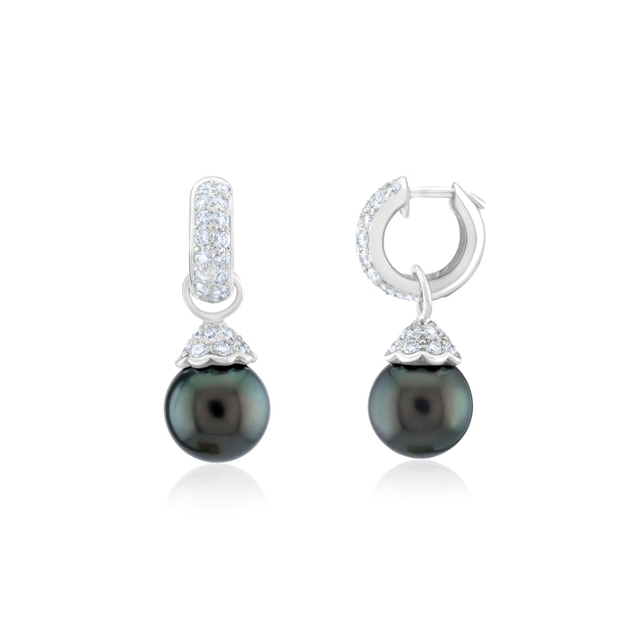14K White Gold Diamond & Black Pearl Drop Earrings ~ 1 Ct