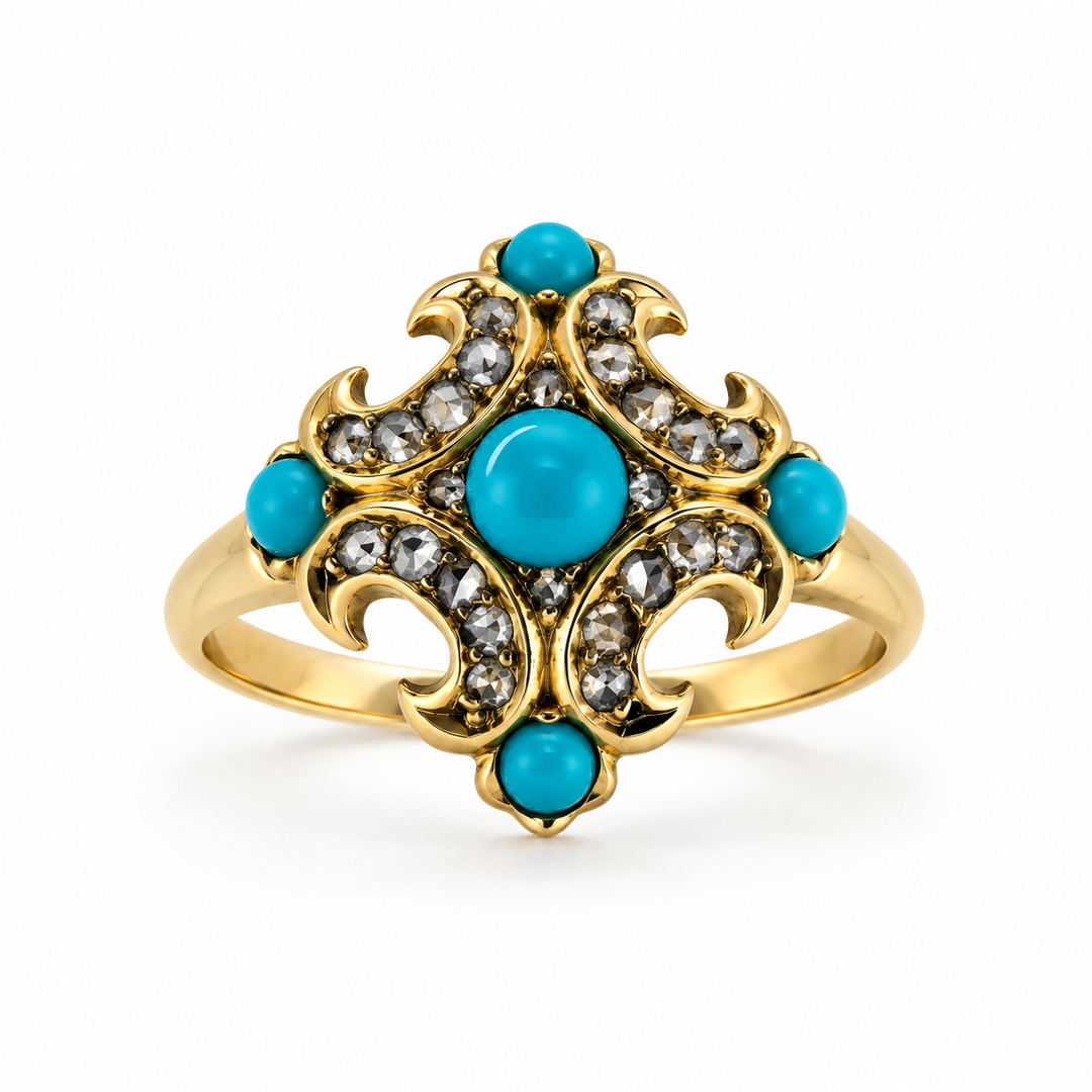 14K Yellow Gold Diamond & Turquoise Vintage Ring ~ ½ Ct