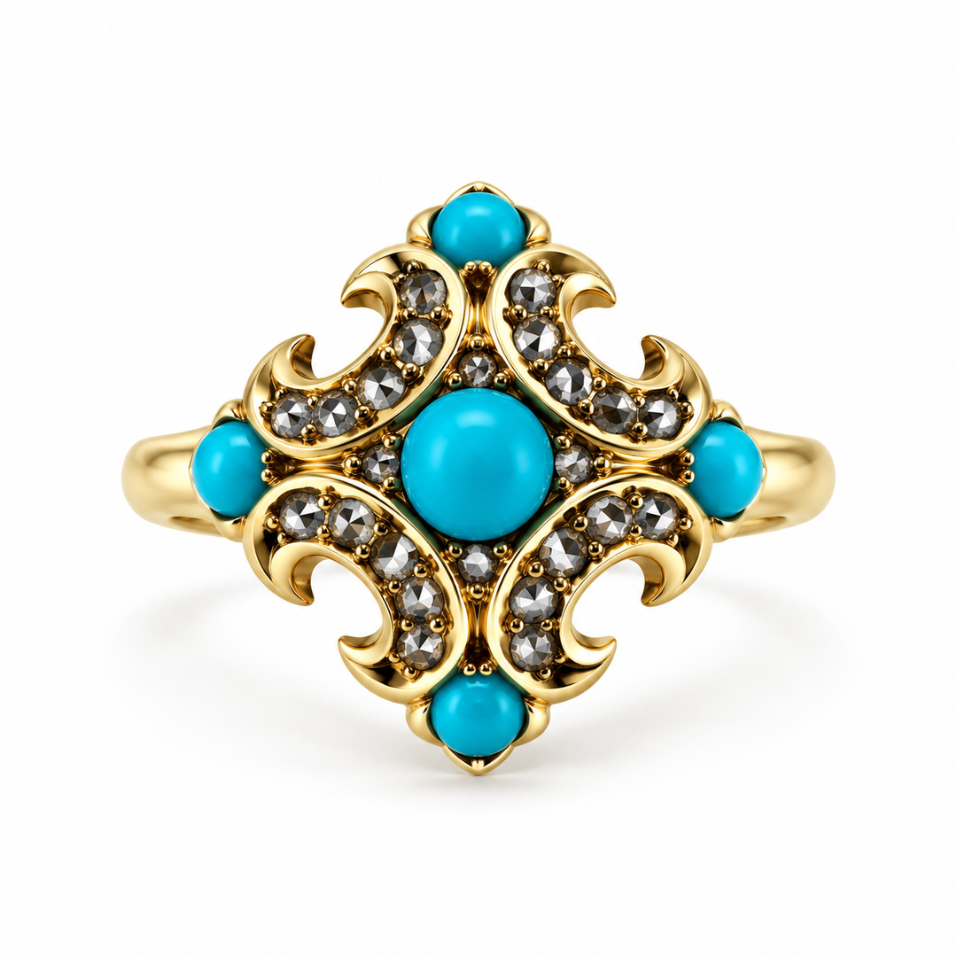 14K Yellow Gold Diamond & Turquoise Vintage Ring ~ ½ Ct