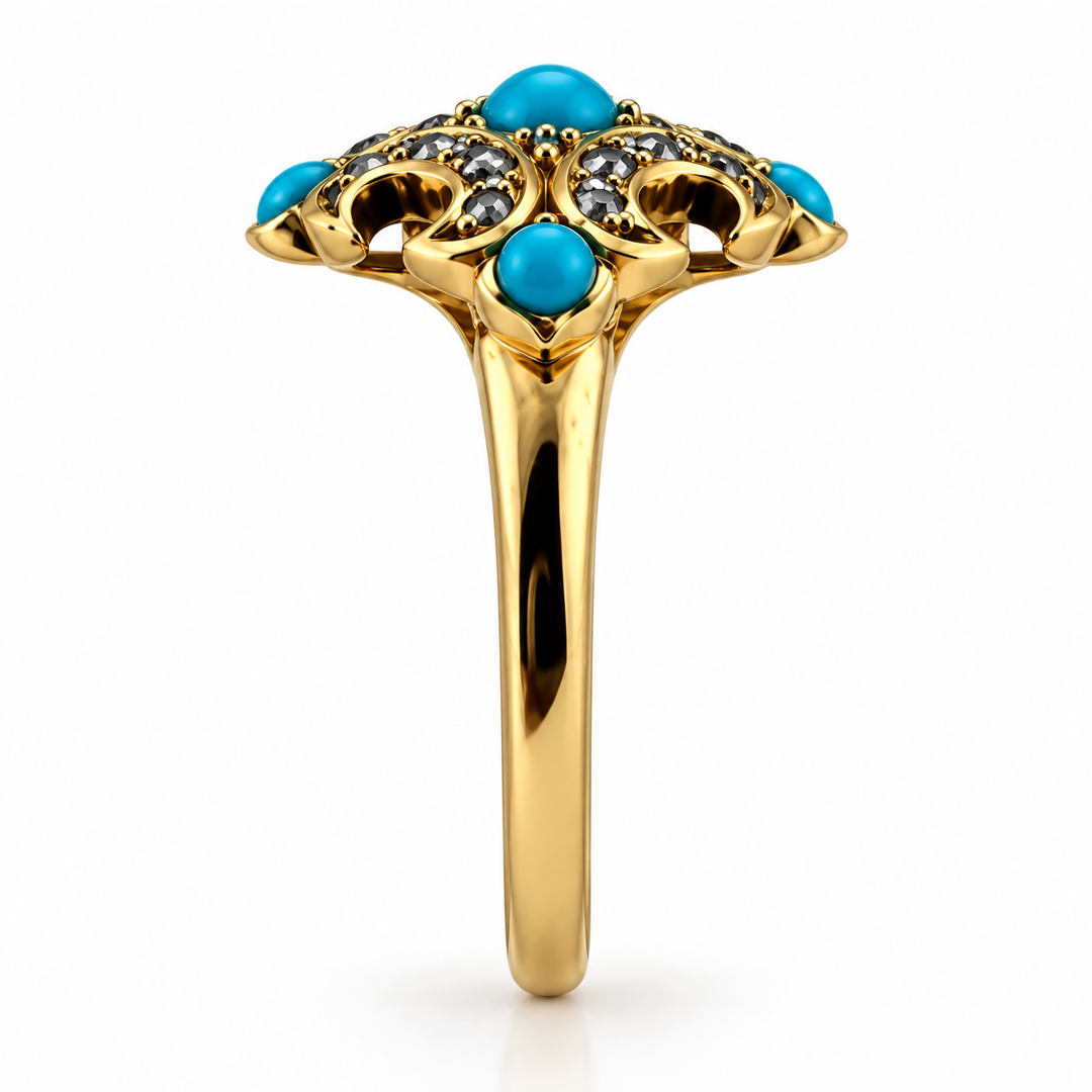 14K Yellow Gold Diamond & Turquoise Vintage Ring ~ ½ Ct