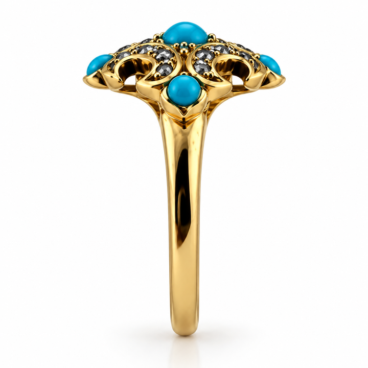 14K Yellow Gold Diamond & Turquoise Vintage Ring ~ ½ Ct