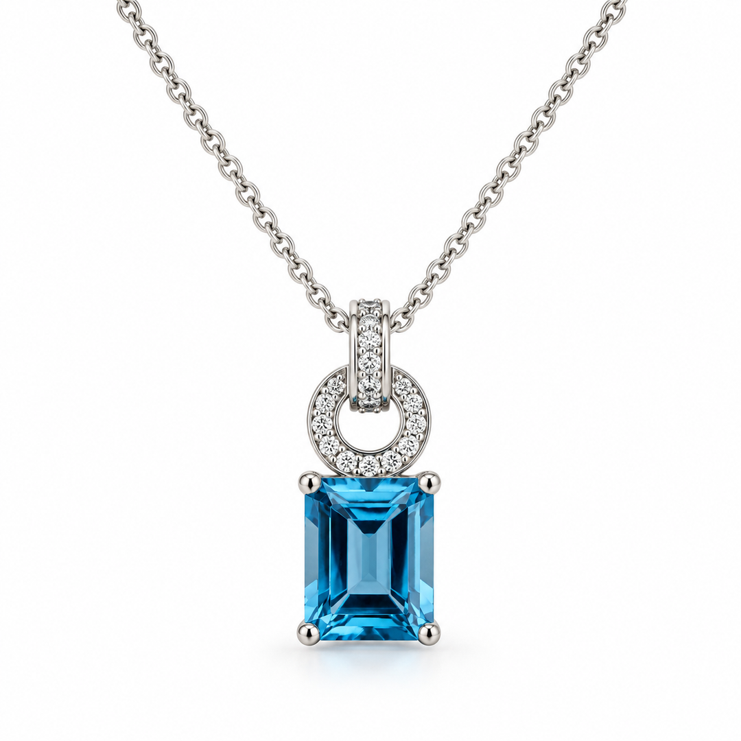 18K White Gold Diamond & Blue Topaz Necklace ~ 4 Ct