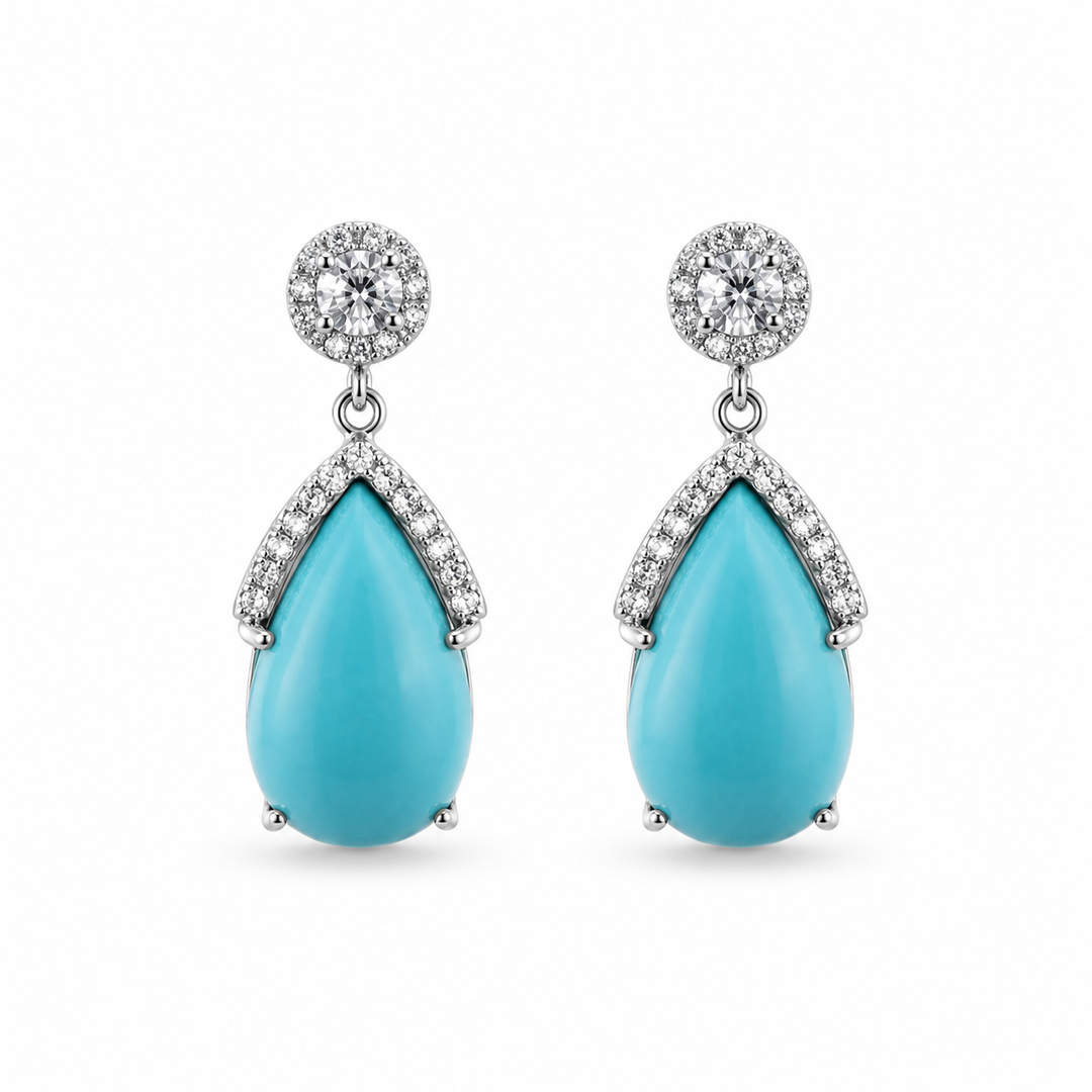 14K White Gold Turquoise & Diamond Drop Earrings ~ 11 Ct