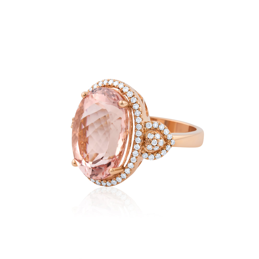 14K Rose Gold Diamond Halo Morganite Statement Ring ~ 15 Ct