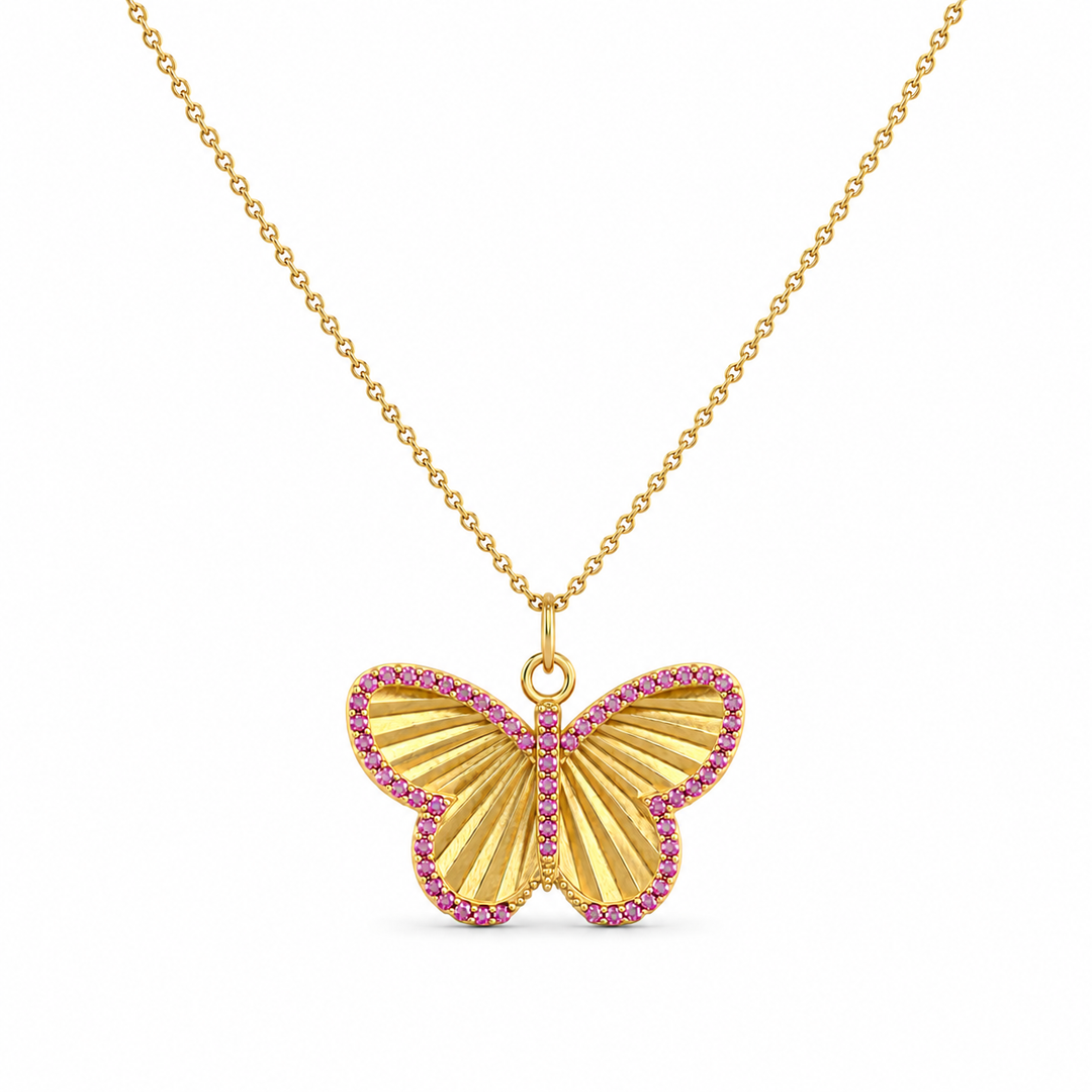 14K Yellow Gold Pink Sapphire Butterfly Pendant ~ 1/3 Ct