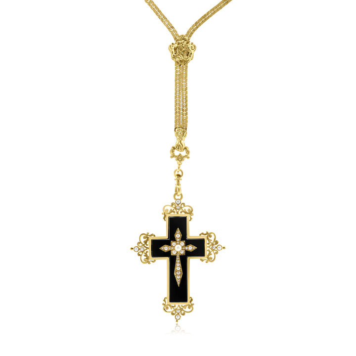 18K Yellow Gold Onyx & Pearl Cardinal Fleur-de-Lis Cross Necklace