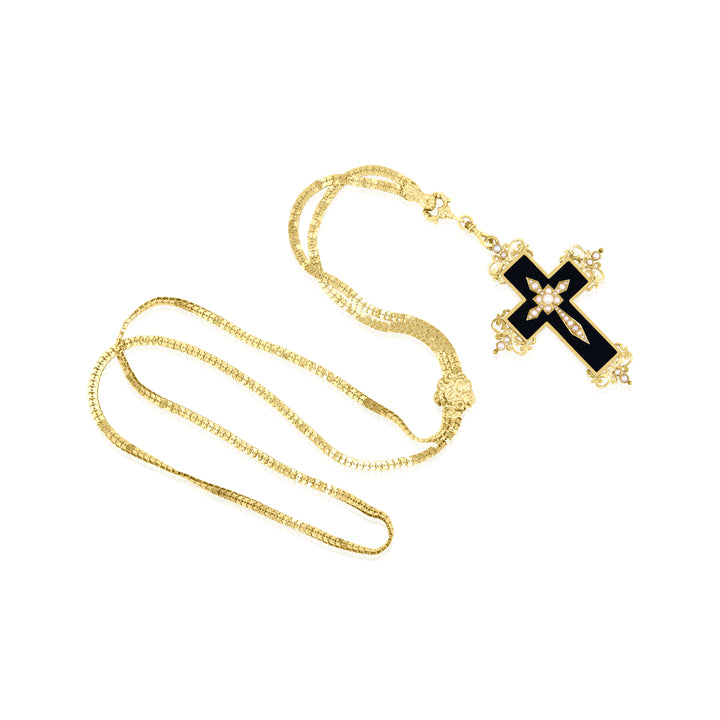 18K Yellow Gold Onyx & Pearl Cardinal Fleur-de-Lis Cross Necklace