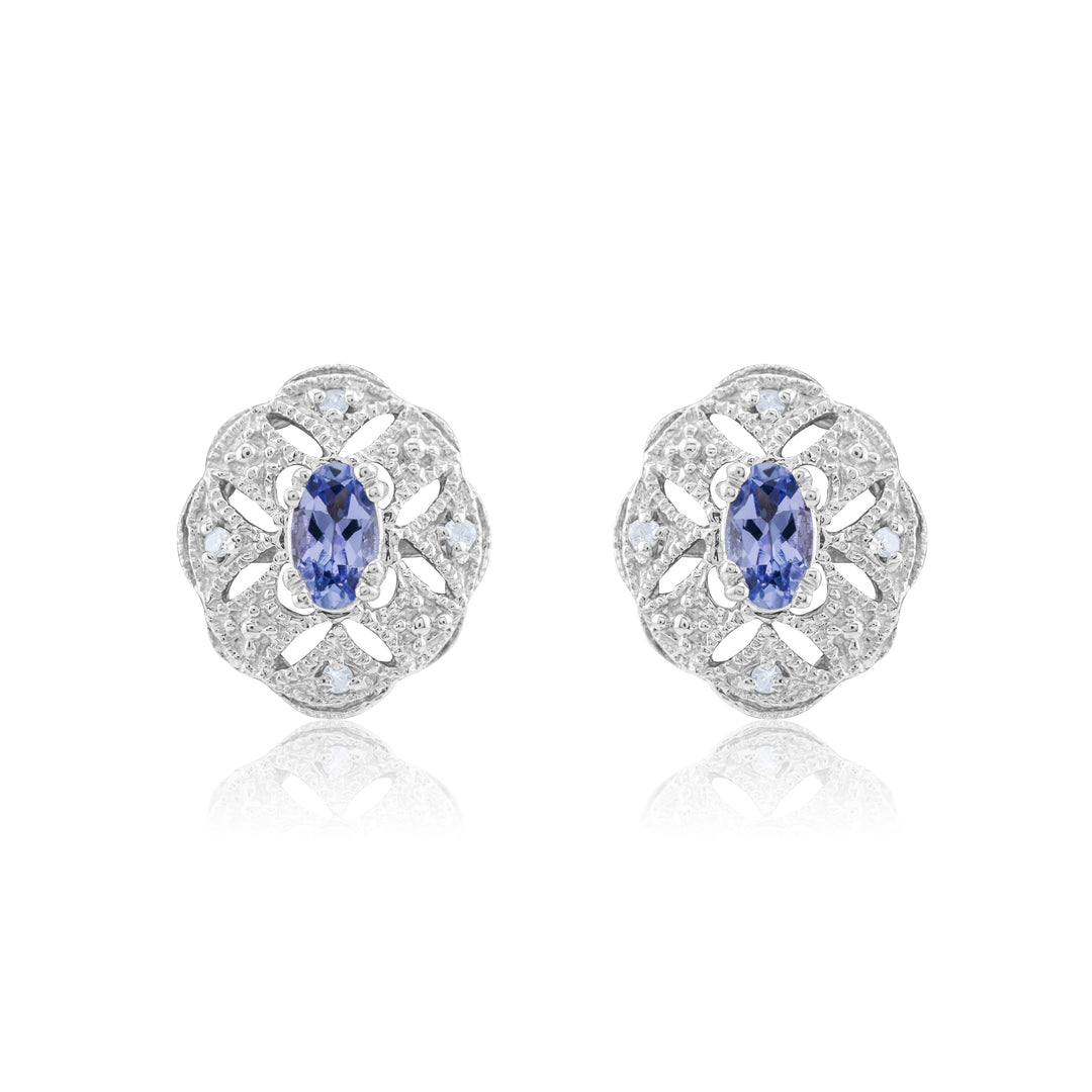 14K White Gold Diamond & Tanzanite Victorian Stud Earrings ½ Ct