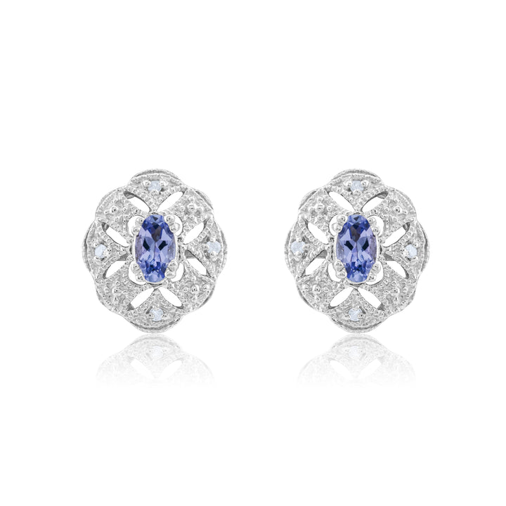 14K White Gold Diamond & Tanzanite Victorian Stud Earrings ½ Ct