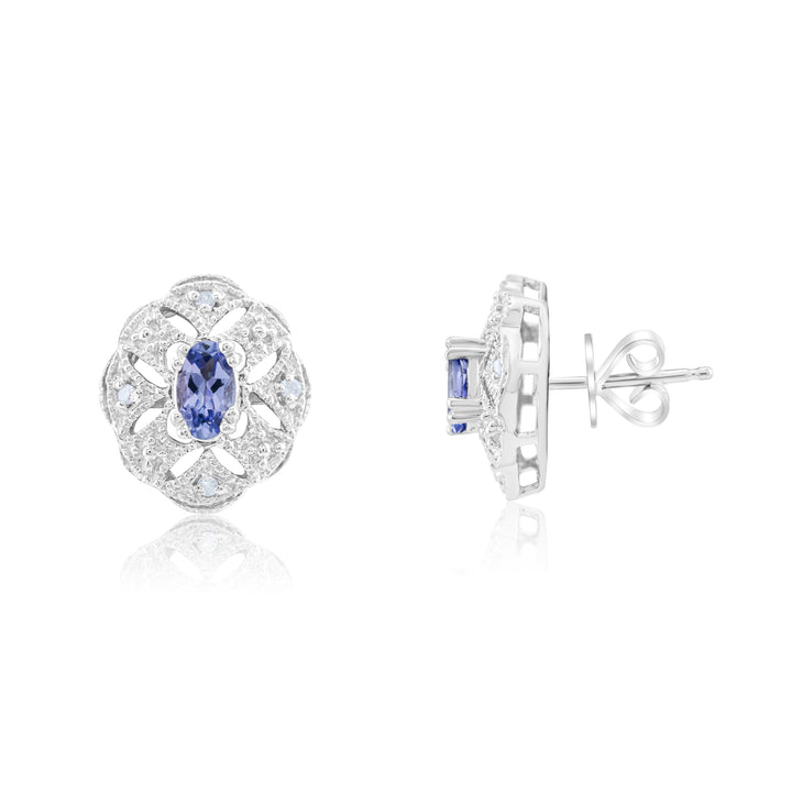 14K White Gold Diamond & Tanzanite Victorian Stud Earrings ½ Ct