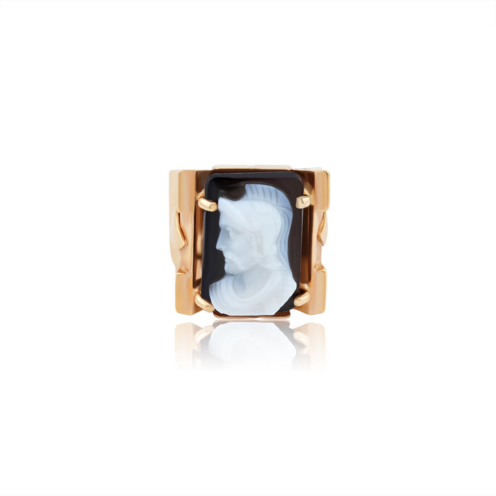 18K Rose Gold Onyx & Opal Hand Carved Men’s Ring
