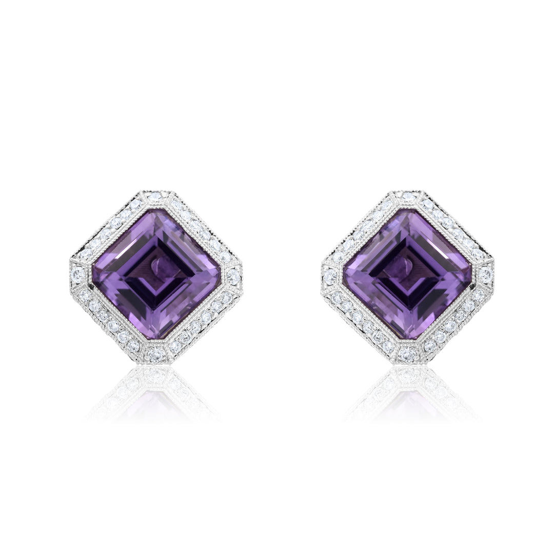 18K White Gold Diamond & Amethyst Classic Halo Stud Earrings 10 Ct