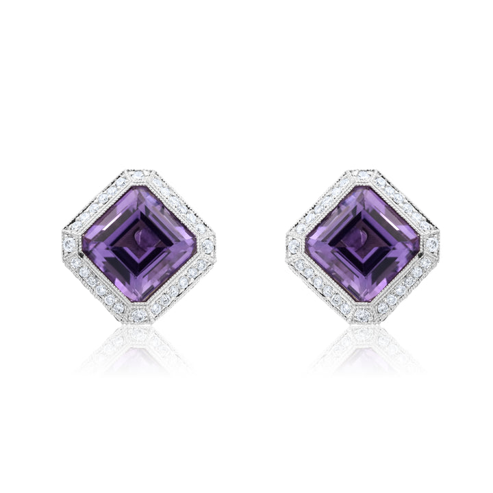 18K White Gold Diamond & Amethyst Classic Halo Stud Earrings 10 Ct