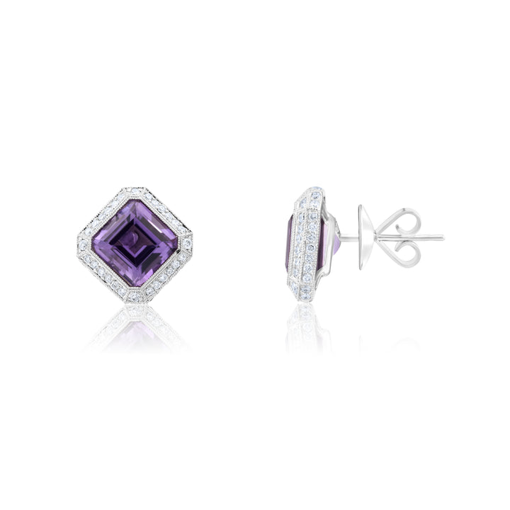 18K White Gold Diamond & Amethyst Classic Halo Stud Earrings 10 Ct