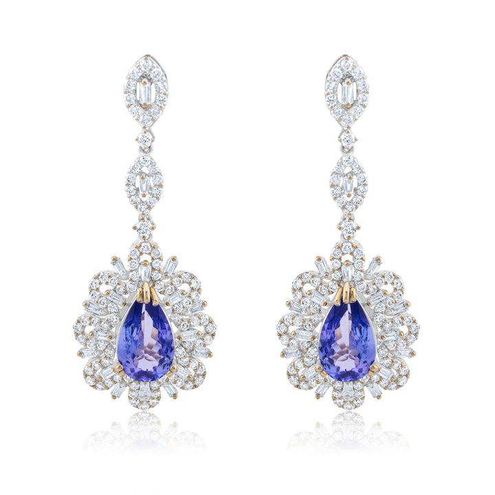 18K White Gold Diamond & Tanzanite Halo Dangling Earrings ~ 7 Ct