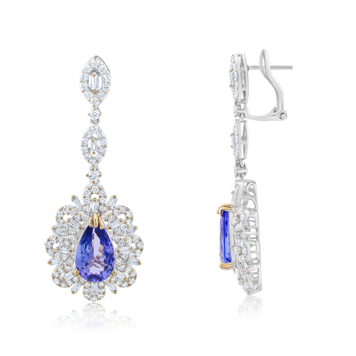 18K White Gold Diamond & Tanzanite Halo Dangling Earrings ~ 7 Ct