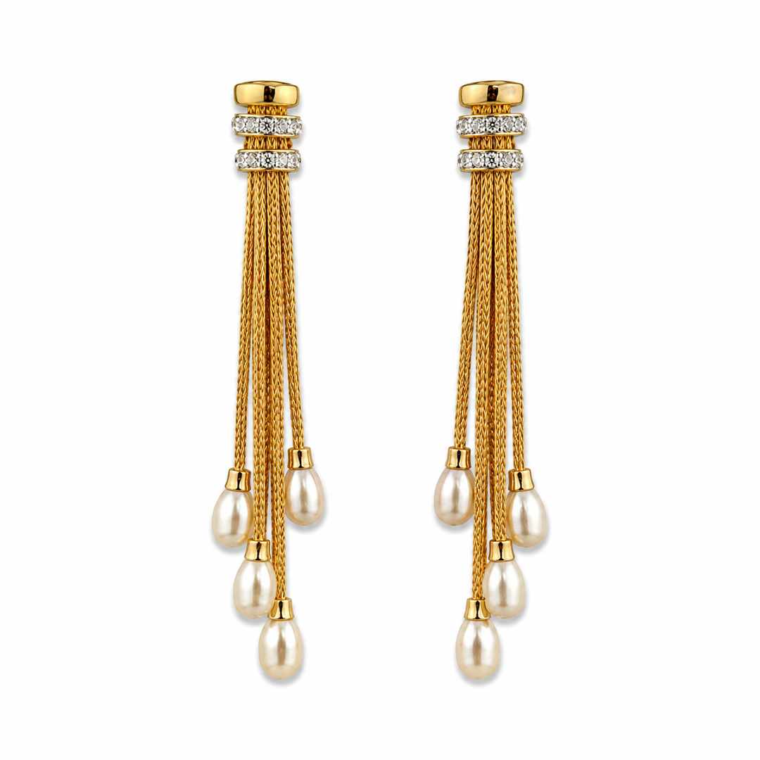 14K Gold Plated Sterling Silver, CZ & Pearl Tassel Drop Earrings