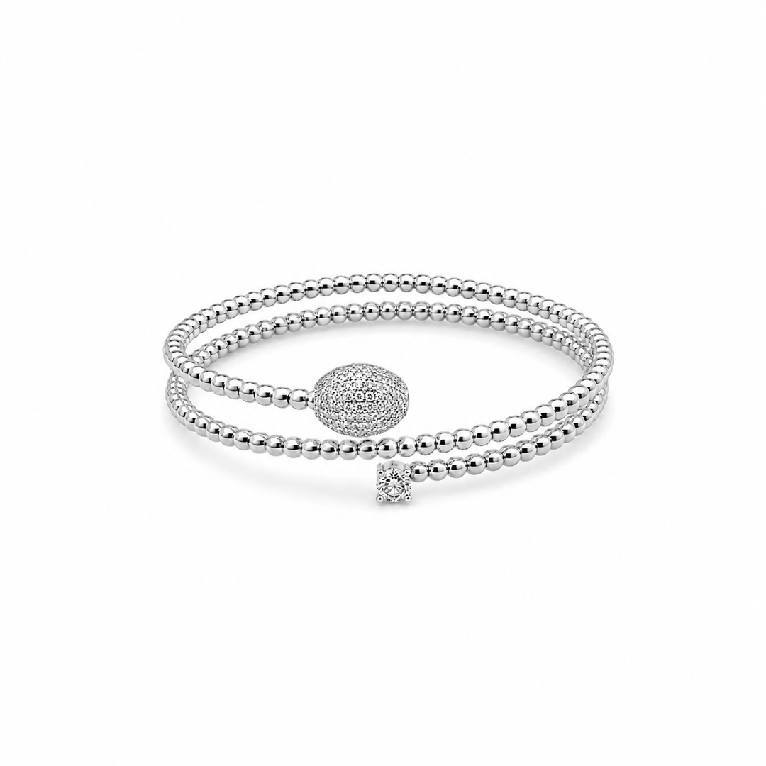 Gold Plated Sterling Silver & Pavé CZ Double-Wrap Beaded Bangle Bracelet