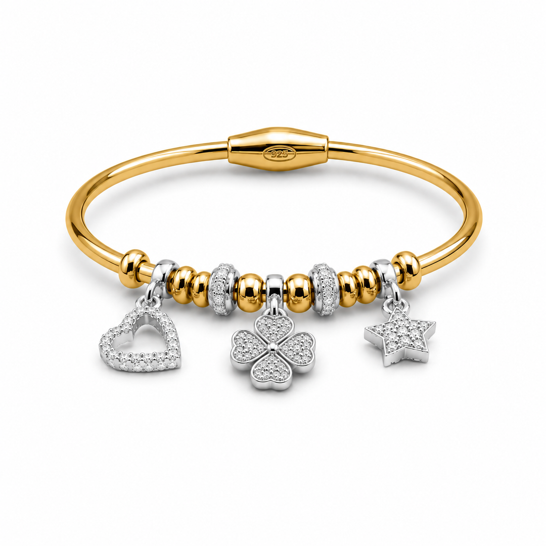 14K Gold Plated Sterling Silver & CZ Charm Bangle Bracelet