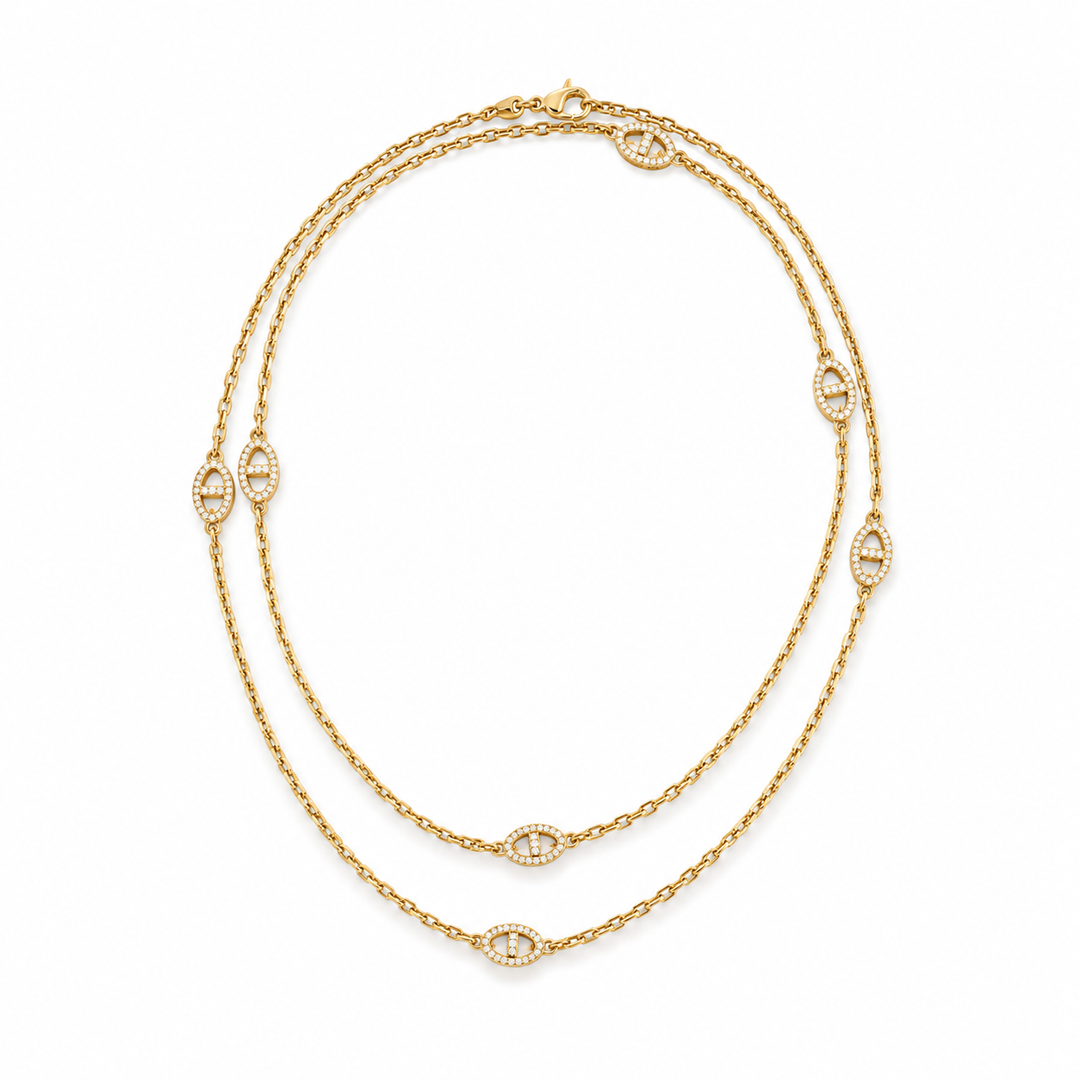 14K Gold Plated Sterling Silver & CZ Pavé Oval Station Sautoir Necklace